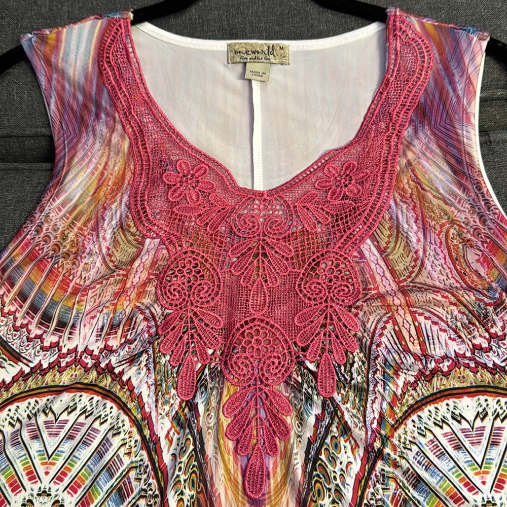 ONE WORLD STARAC Maxi Dress BOHO Crochet Lace Colorful Rainbow Abstract Print M - Picture 5 of 12